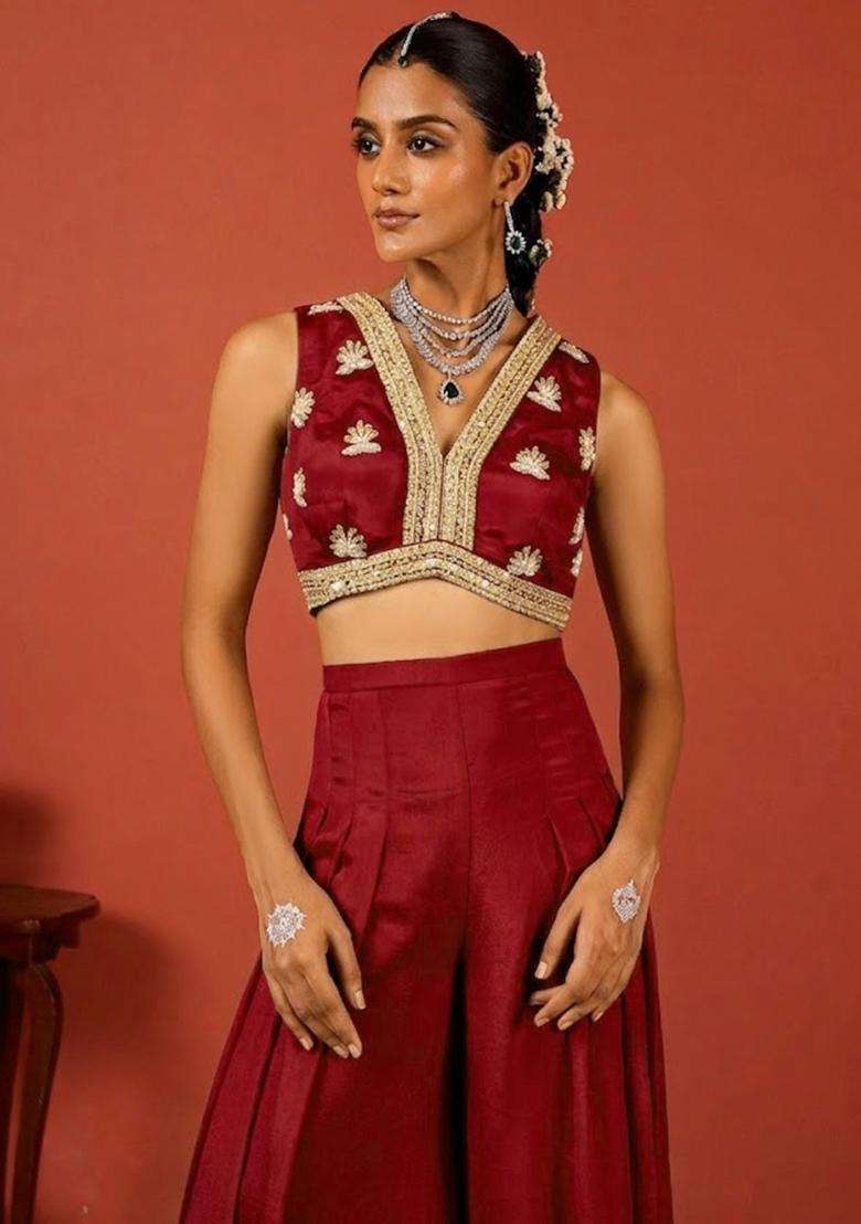 Maroon Embroidered Handwork Fusion Set - Indya