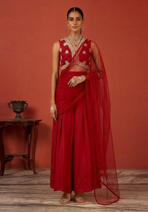 Maroon Embroidered Handwork Fusion Set