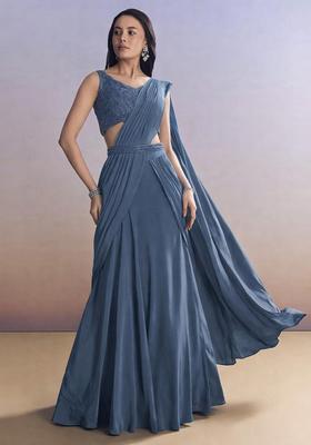Steel Blue Embroidered Handwork Pre Draped Saree Set