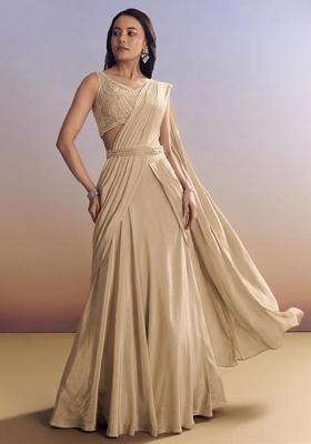 Beige Embroidered Handwork Pre Draped Saree Set