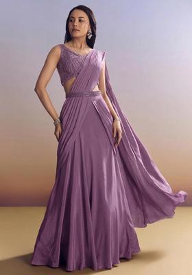 Lavender Embroidered Handwork Pre Draped Saree Set