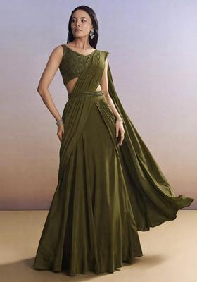 Olive Embroidered Handwork Pre Draped Saree Set