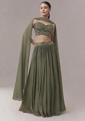 Olive Embroidered Handwork Lehenga Set
