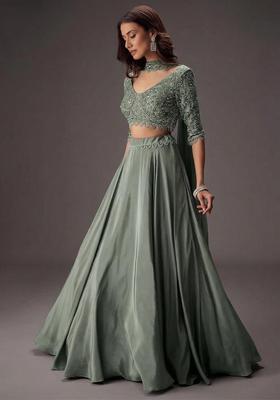Sage Green Embroidered Handwork Lehenga Set