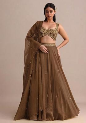 Chocolate Brown Embroidered Handwork Lehenga Set