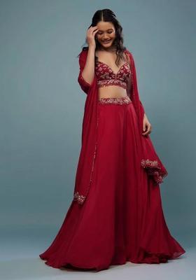 Red Embroidered Handwork Lehenga Set