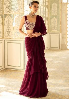 Wine Red Embroidered Handwork Pre Draped Saree Set