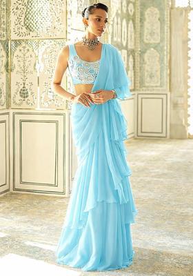 Sky Blue Embroidered Handwork Pre Draped Saree Set