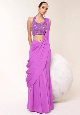 Lavender Embroidered Handwork Pre Draped Saree Set