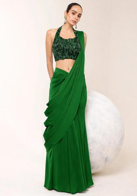Green Embroidered Handwork Pre Draped Saree Set