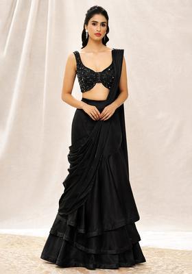 Jet Black Sequin Handwork Pre Draped Saree Set