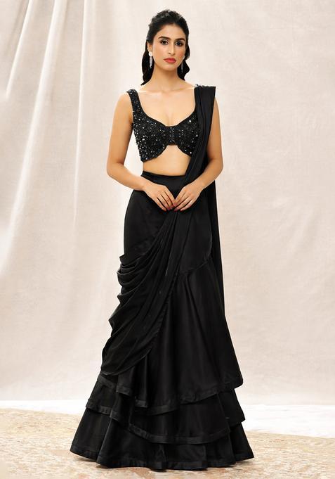 Jet Black Sequin Handwork Pre Draped Saree Set