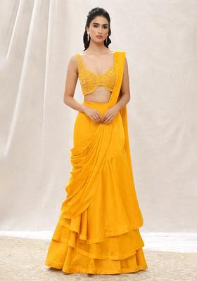 Mustard Yellow Sequin Handwork Pre Draped Saree Set
