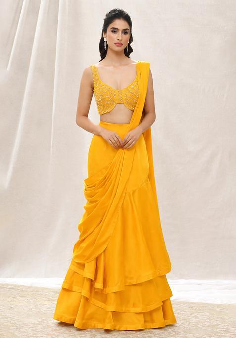 Mustard Yellow Sequin Handwork Pre Draped Saree Set