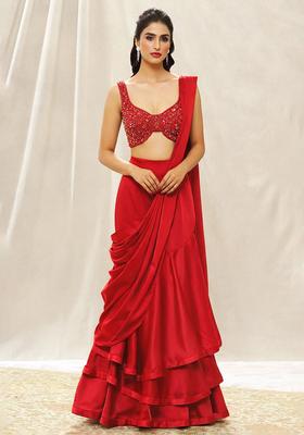 Red Sequin Handwork Pre Draped Saree Set