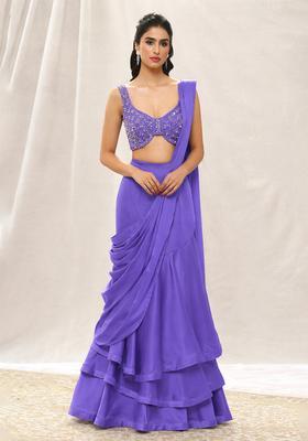 Lavender Sequin Handwork Pre Draped Saree Set
