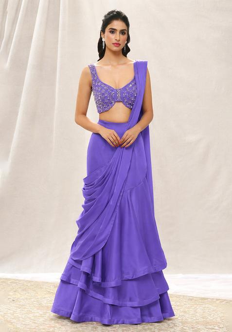 Lavender Sequin Handwork Pre Draped Saree Set