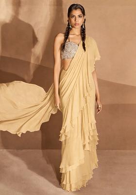 Pastel Yellow Sequin Handwork Pre Draped Saree Set