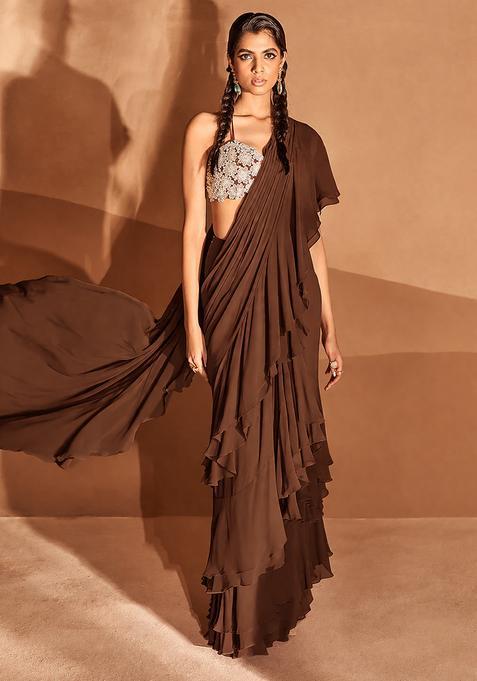 Brown Sequin Handwork Pre Draped Saree Set