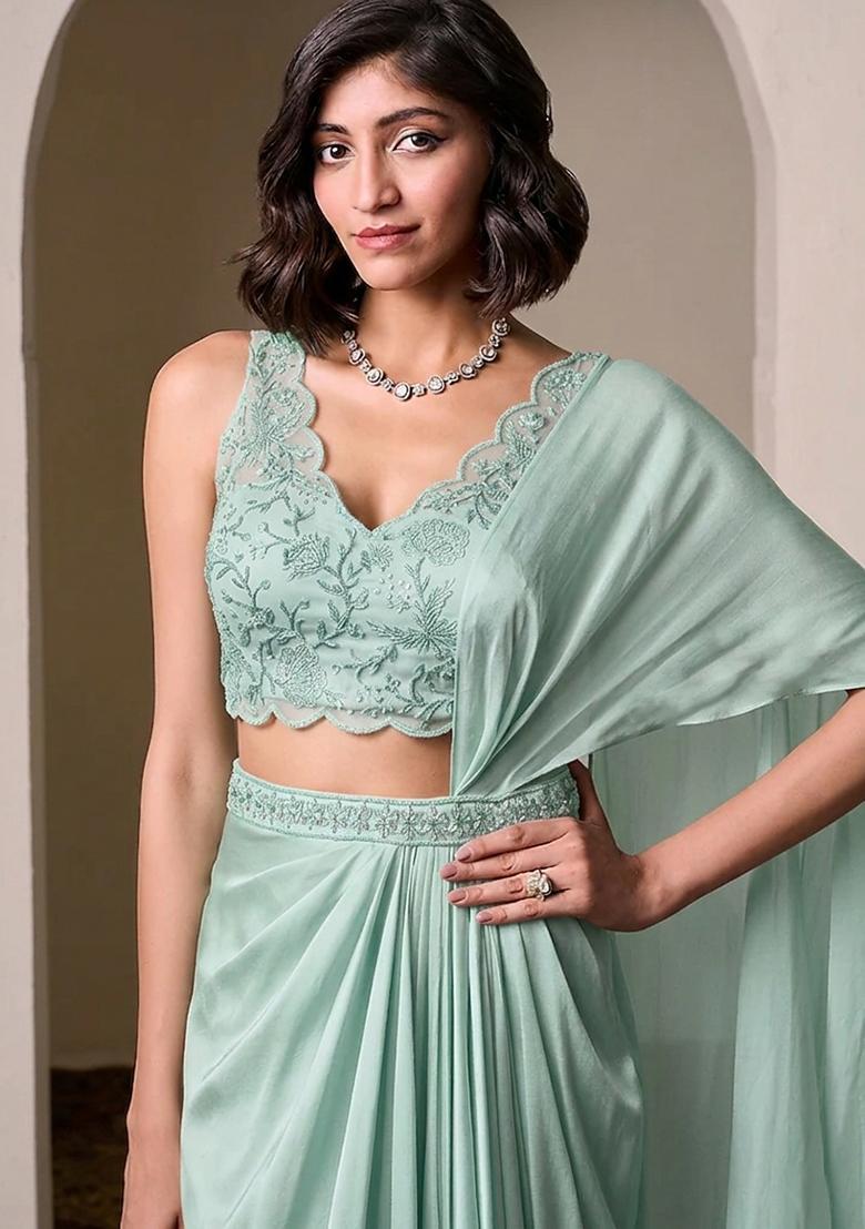 Pastel Blue Embroidered Handwork Pre Draped Saree Set - Indya