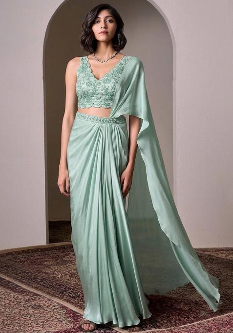 Pastel Blue Embroidered Handwork Pre Draped Saree Set