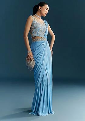 Sky Blue Embroidered Handwork Pre Draped Saree Set