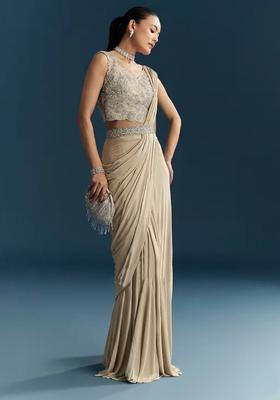 Beige Embroidered Handwork Pre Draped Saree Set