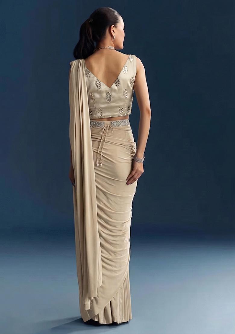 Beige Embroidered Handwork Pre Draped Saree Set - Indya