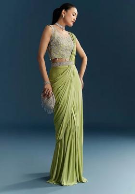 Light Green Embroidered Handwork Pre Draped Saree Set