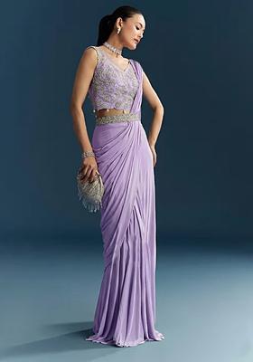 Lavender Embroidered Handwork Pre Draped Saree Set