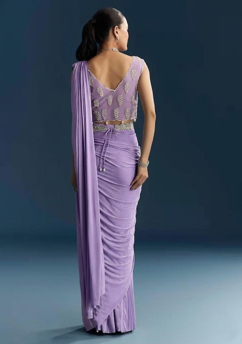 Lavender Embroidered Handwork Pre Draped Saree Set - Indya