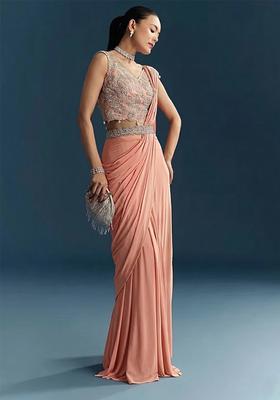 Peach Embroidered Handwork Pre Draped Saree Set