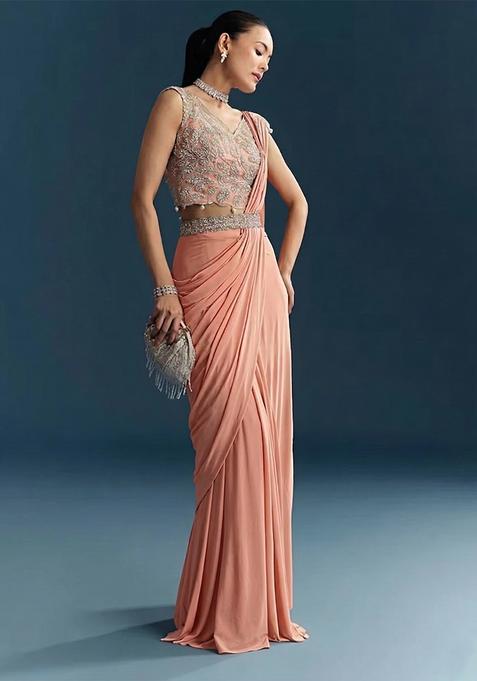 Peach Embroidered Handwork Pre Draped Saree Set