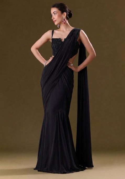 Jet Black Sequin Handwork Pre Draped Saree Set