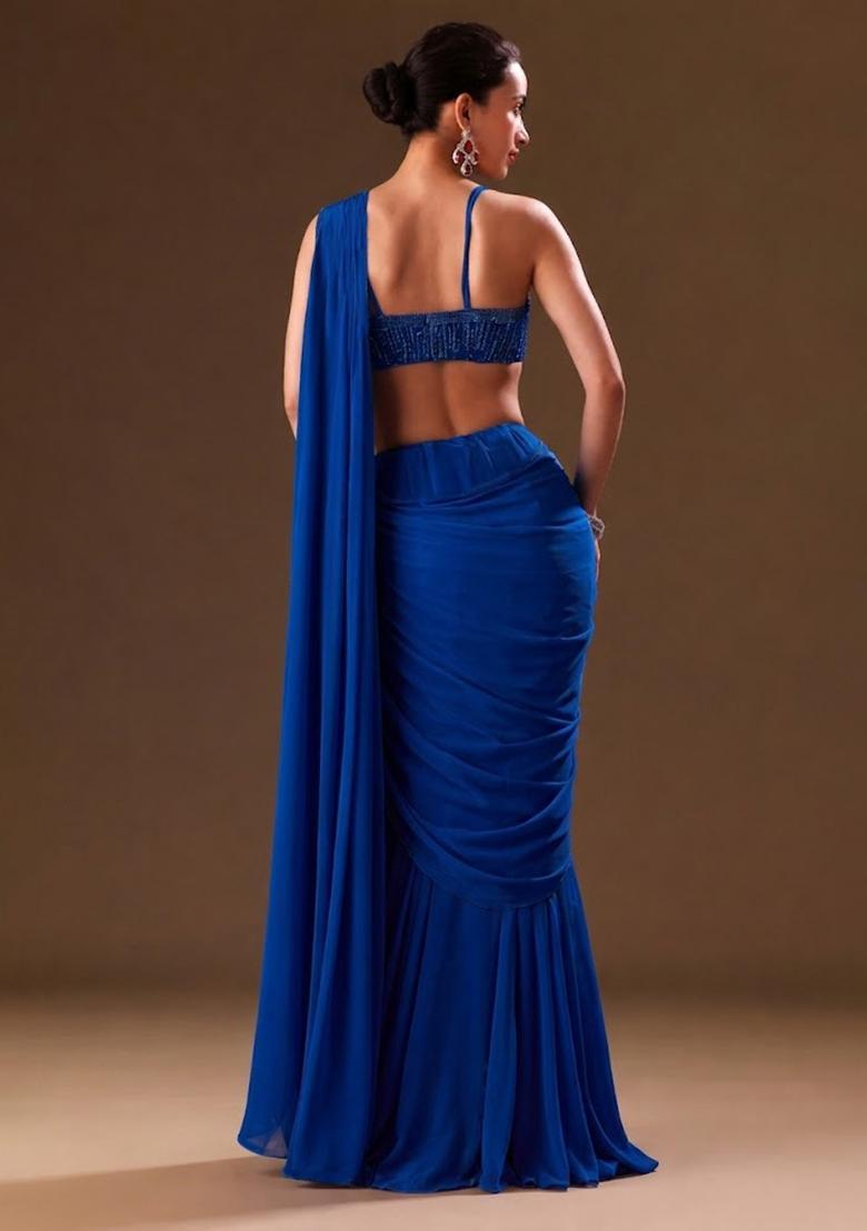 Blue Sequin Handwork Pre Draped Saree Set - Indya