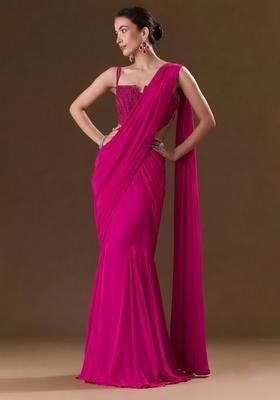 Pink Sequin Handwork Pre Draped Saree Set