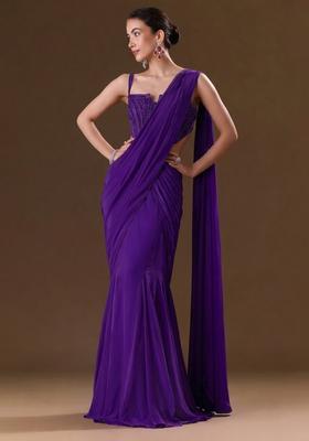 Purple Sequin Handwork Pre Draped Saree Set