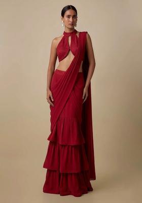 Red Embellished Handwork Pre Draped Saree Set