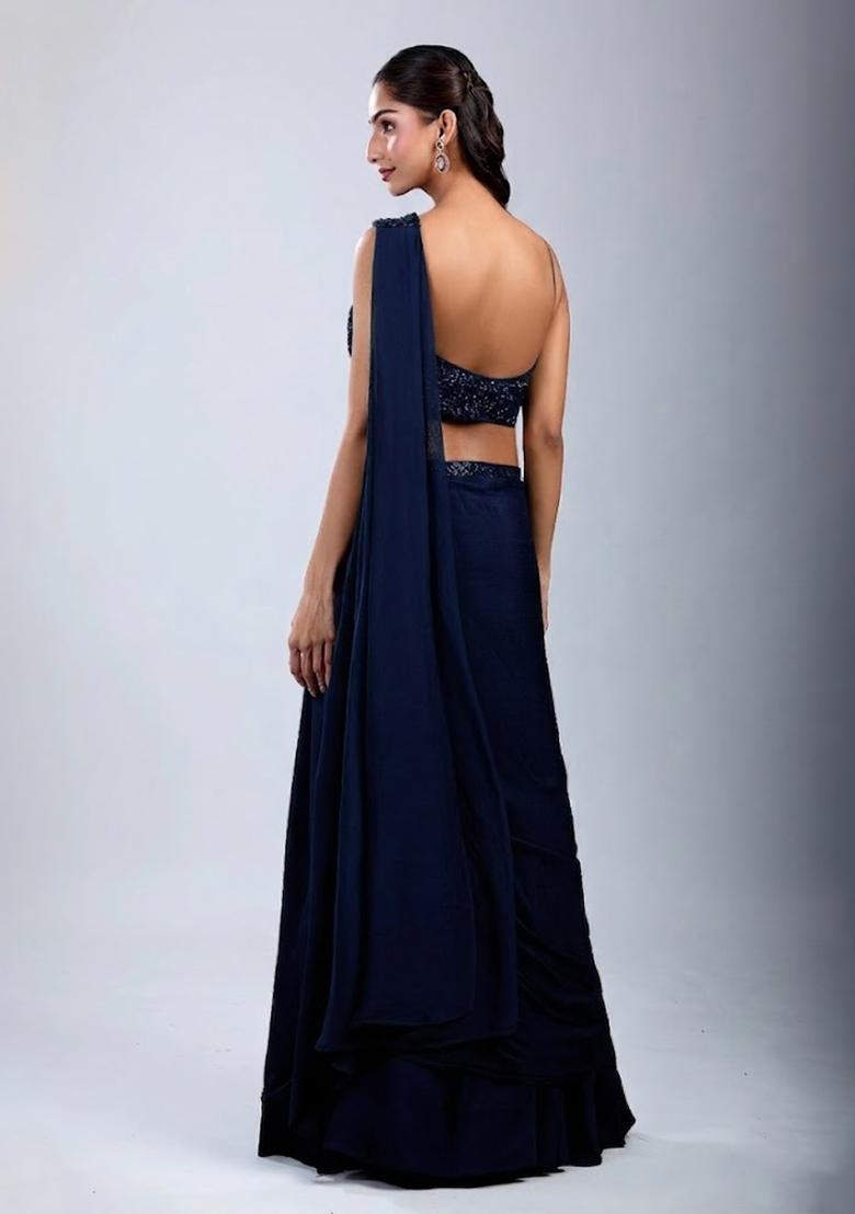 Navy Blue Embellished Handwork Fusion Set - Indya