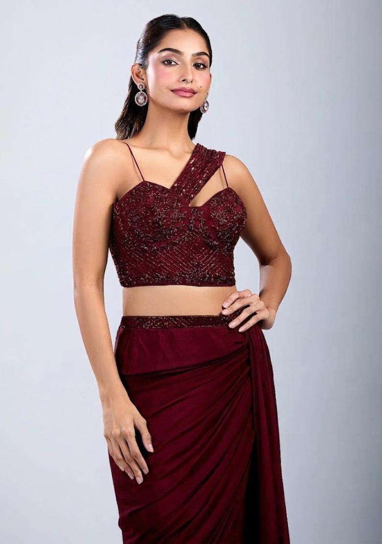Maroon Embellished Handwork Fusion Set - Indya