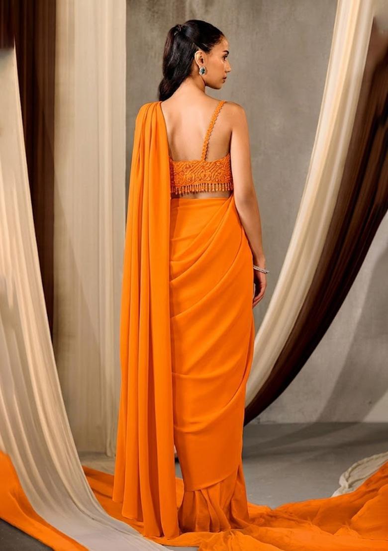Orange Embroidered Handwork Pre Draped Saree Set - Indya