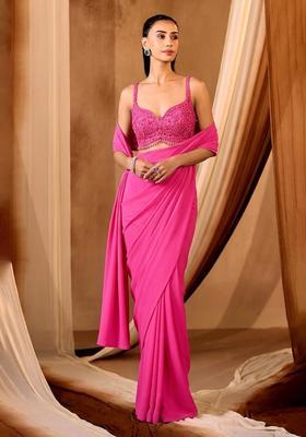 Hot Pink Embroidered Handwork Pre Draped Saree Set