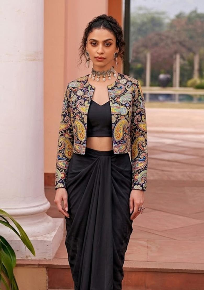 Jet Black Printed Crepe Fusion Set - Indya
