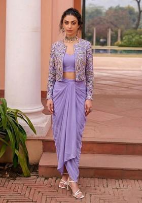Purple Printed Crepe Fusion Set