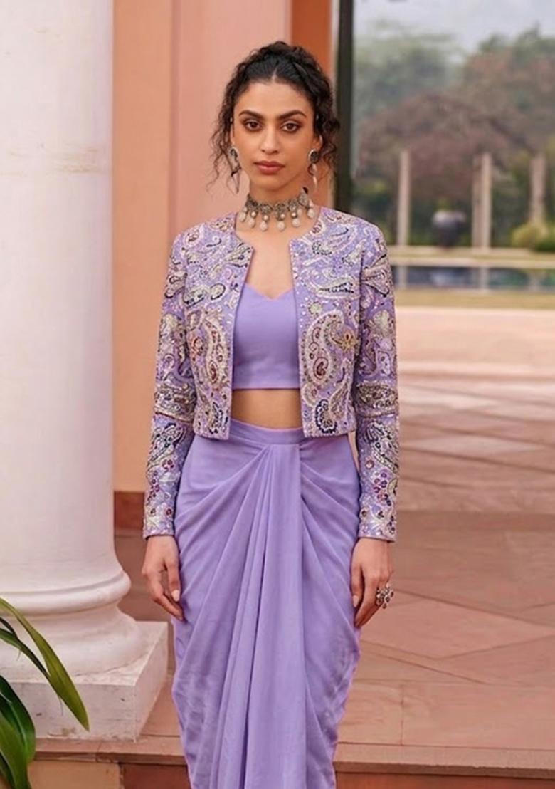 Purple Printed Crepe Fusion Set - Indya