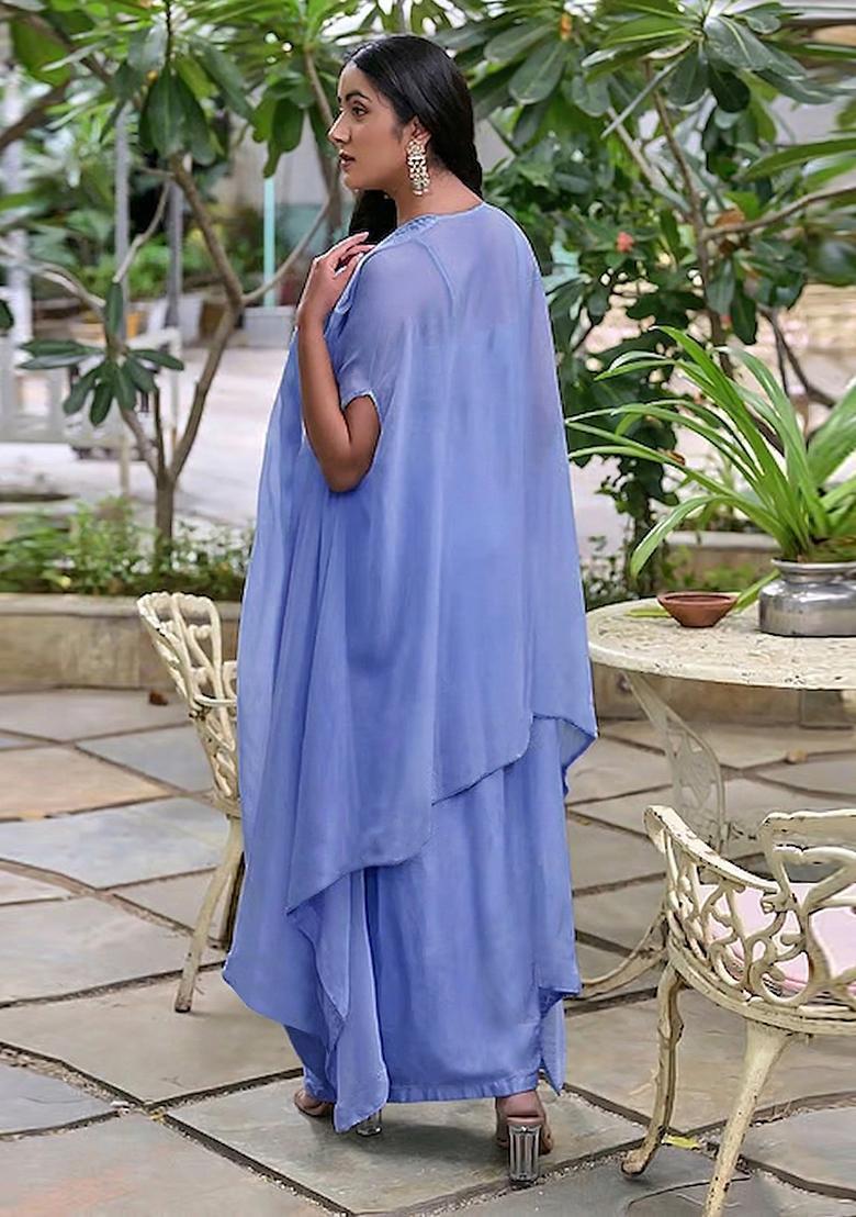 Blue Embroidered Handwork Fusion Set - Indya
