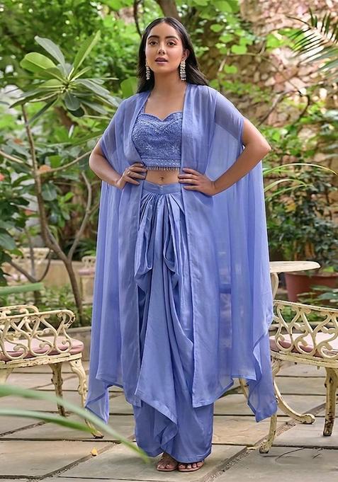Blue Embroidered Handwork Fusion Set