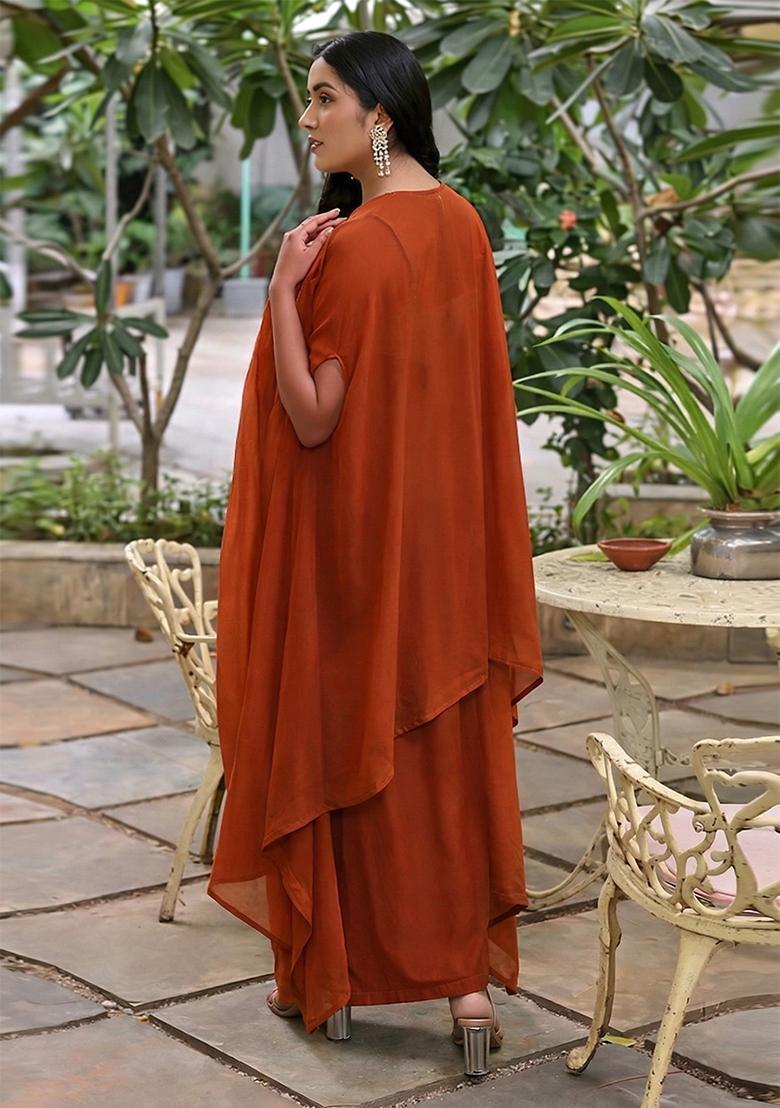 Rust Embroidered Handwork Fusion Set - Indya