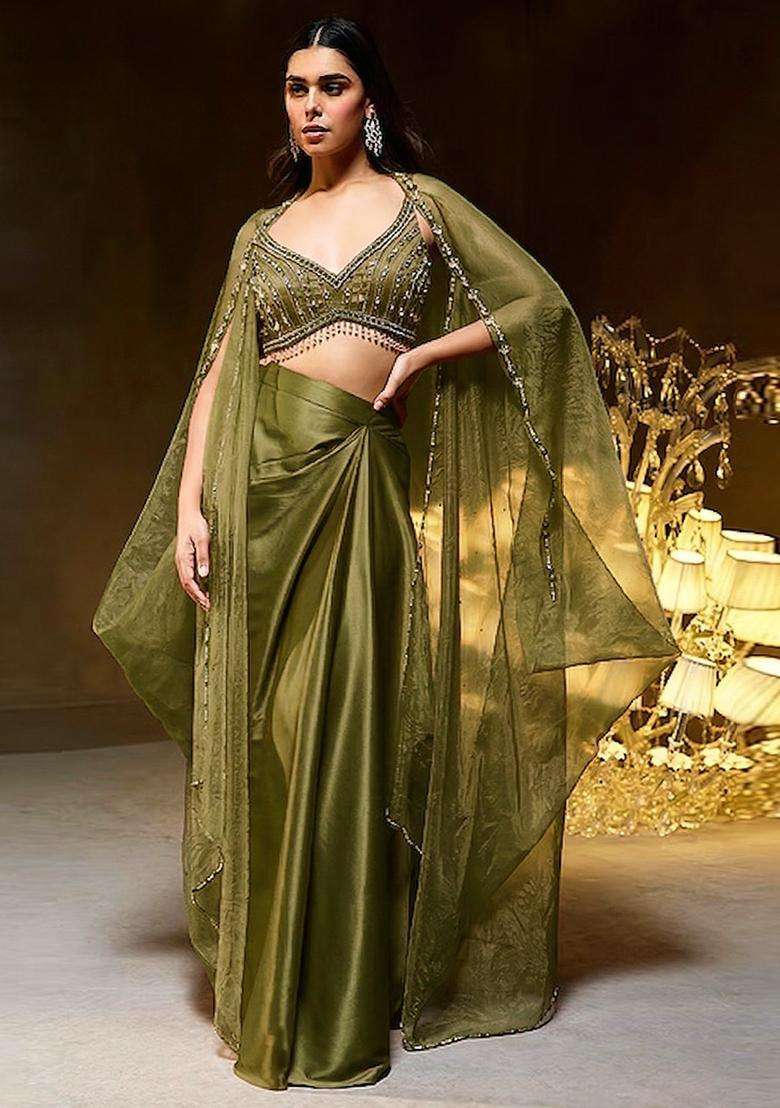 Olive Embroidered Handwork Fusion Set - Indya