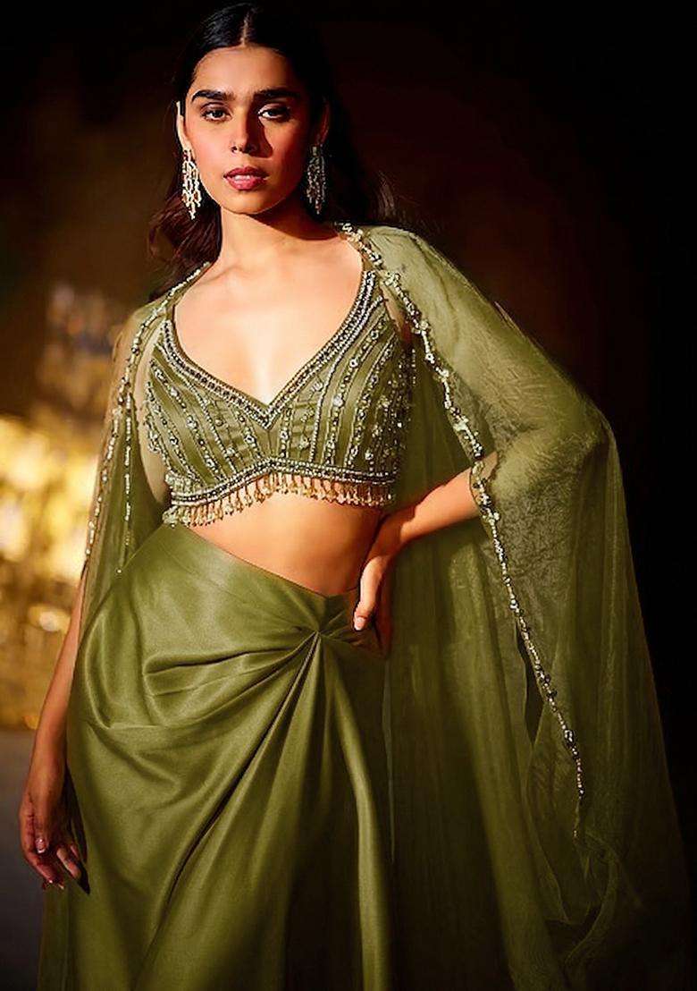 Olive Embroidered Handwork Fusion Set - Indya